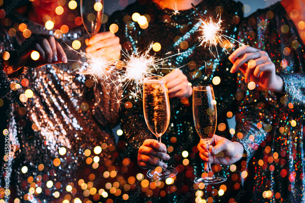 Friends celebrating Christmas or New Year eve party with Bengal lights and champagne.