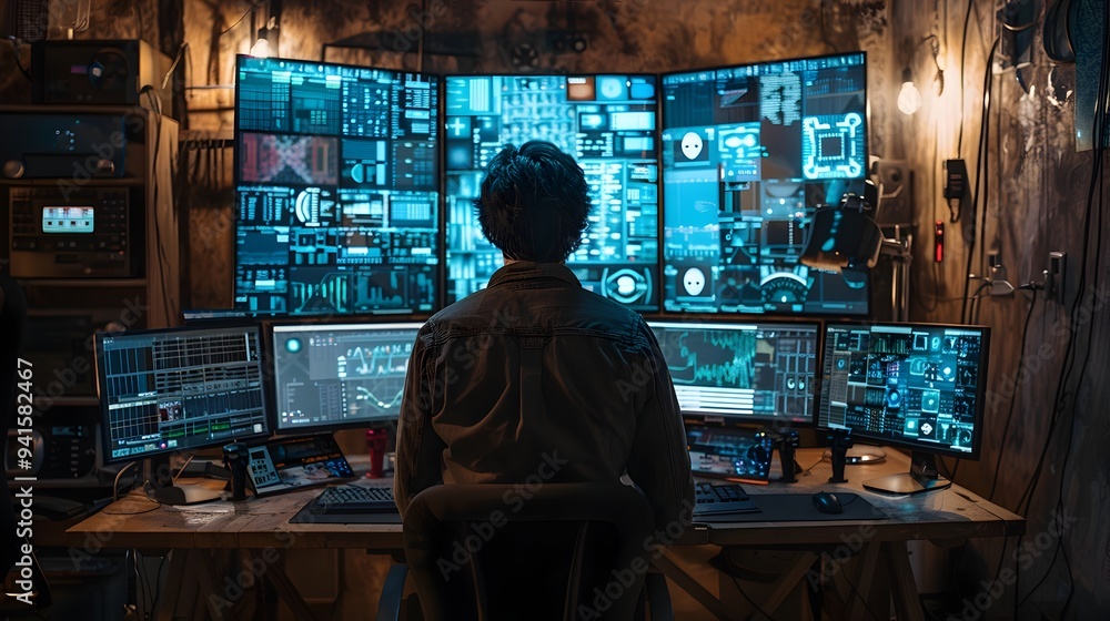 Hacker in Grungy Basement Monitoring Complex Algorithms on Multiple Screens Hacker in Grungy Basement Monitoring Complex Algorithms on Multiple Screens