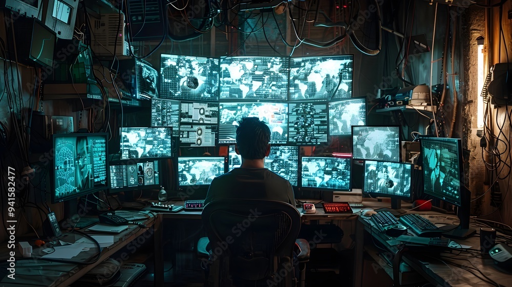 Hacker Analyzing Complex Algorithms on Multiple Screens in Grungy Basement Workspace Hacker Analyzing Complex Algorithms on Multiple Screens in Grungy Basement Workspace