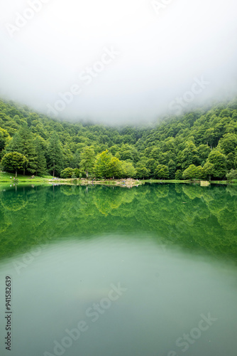 Lac de Bethmale - Pyrénées - Ariège - Foggy Lake Reflection in a Green Valley photo