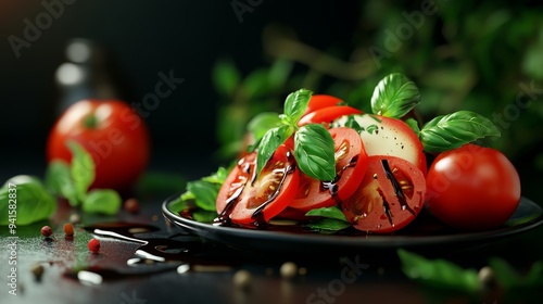 Caprese salad close-up, ripe tomato slices, balsamic glaze, fresh and vibrant, 3D illustration photo