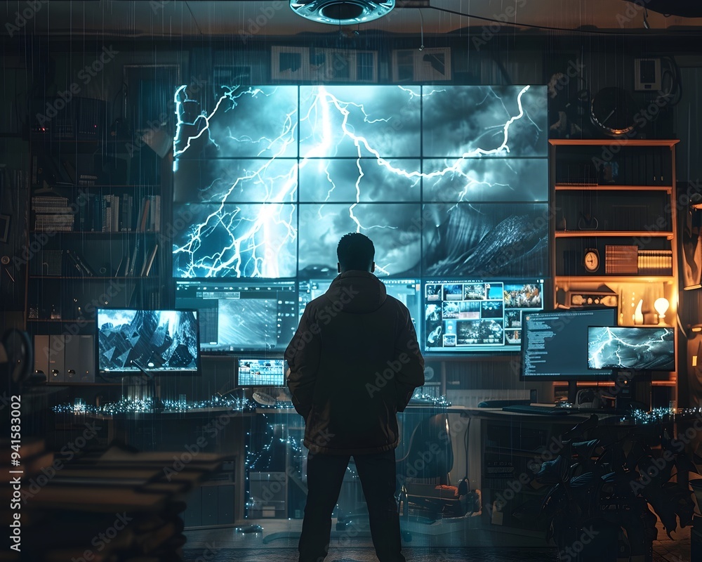 Hacker Analyzes Weather Control Screens in Stormy Night with Dramatic Lightning Illumination Hacker Analyzes Weather Control Screens in Stormy Night with Dramatic Lightning Illumination