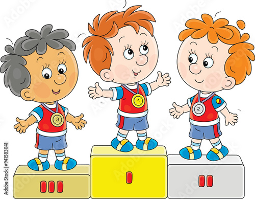 Happy little boys winners with gold, silver and bronze medals standing on a podium of school competitions at an award ceremony, vector cartoon illustration isolated on a white background