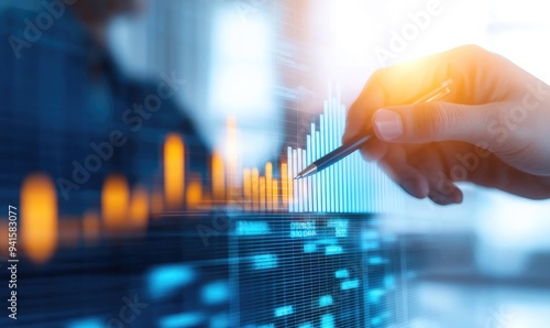 A hand holding a pen analyzing digital graphs and data trends, representing business growth and financial analysis.