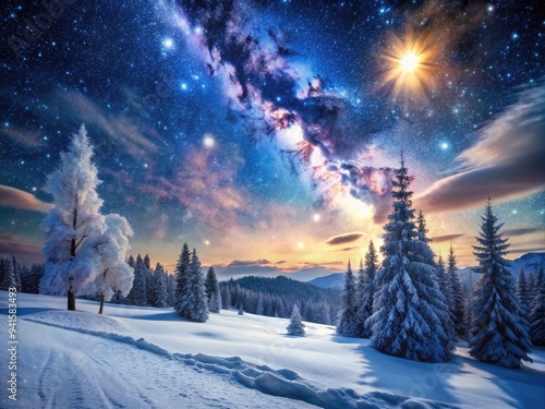 Celestial Winter Solstice: Snow-covered landscape, vertical composition, starry night sky, mystical, spiritual, cosmic photo