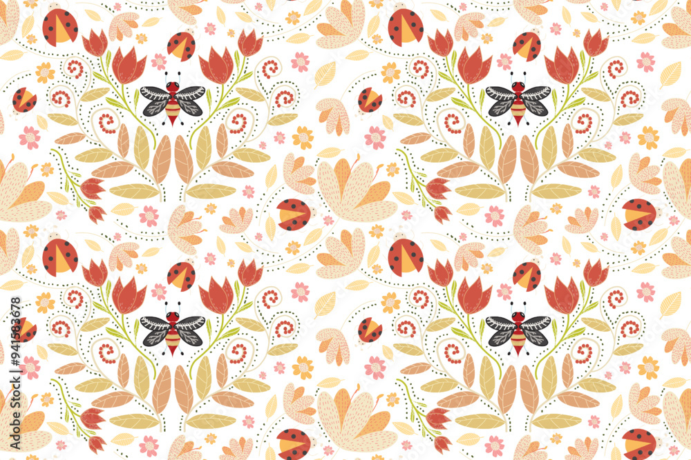 bee with floral samless pattern bee with floral samless pattern