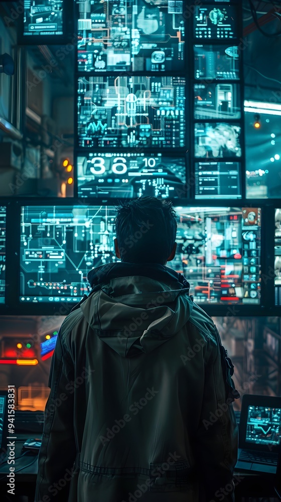 Hacker in Futuristic Underground Bunker Surrounded by Advanced Tech and Screens Hacker in Futuristic Underground Bunker Surrounded by Advanced Tech and Screens
