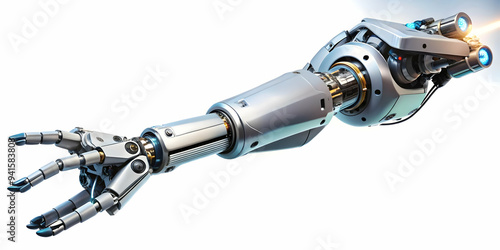 Hovering robotic arm with precision tools on an isolated white background concept as A robotic arm floating mid air equipped with precision tools and glowing interfaces all isolated on a white backgro