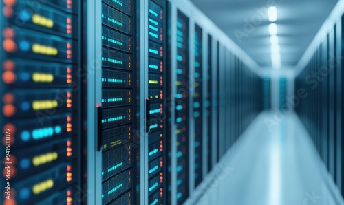 A modern server room with rows of high-tech servers illuminated by LED lights, showcasing advanced data storage technology.