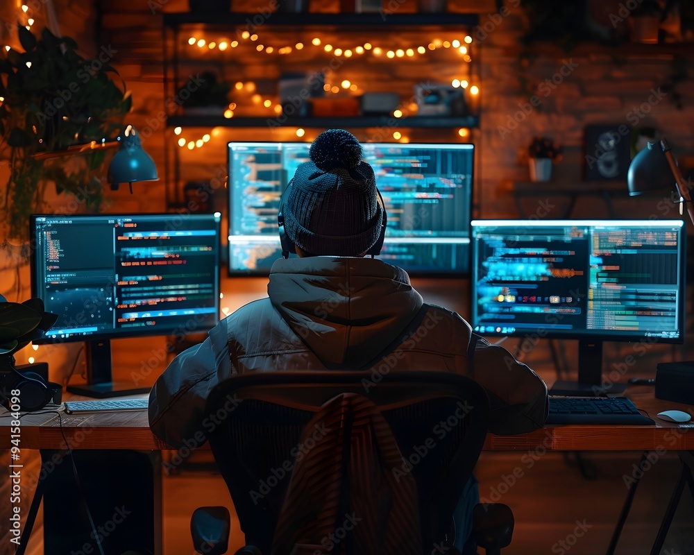 Hacker Passionately Coding with Intense Focus on a Multi Screen Setup in a Modern Loft Hacker Passionately Coding with Intense Focus on a Multi Screen Setup in a Modern Loft