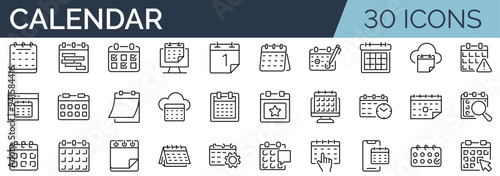 Set of 30 outline icons related to calendar. Linear icon collection. Editable stroke. Vector illustration