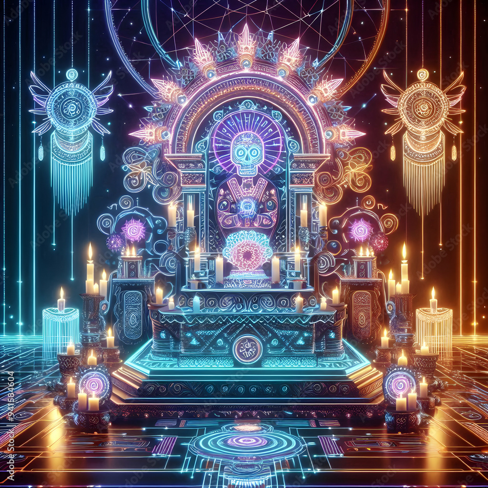 Neon Altar with Digital Glowing Elements concept as An abstract digital artwork of a traditional Dia de Muertos altar enhanced with neon glowing elements and abstract patterns representing the fusion Neon Altar with Digital Glowing Elements concept as An abstract digital artwork of a traditional Dia de Muertos altar enhanced with neon glowing elements and abstract patterns representing the fusion