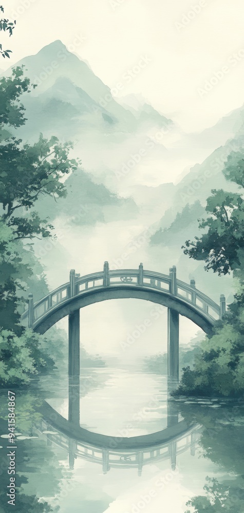 Fototapeta premium A serene landscape featuring a delicate bridge over calm water, surrounded by misty mountains and lush greenery.