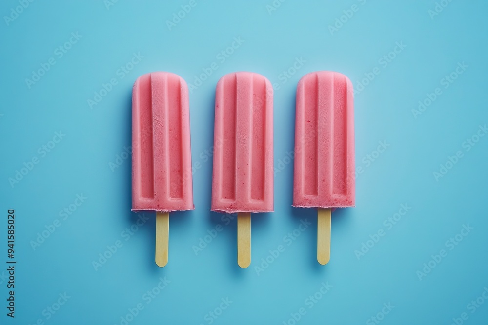 Ice cream stick, Popsicle, Minimal summer concept on blue background. Generative Ai Ice cream stick, Popsicle, Minimal summer concept on blue background. Generative Ai