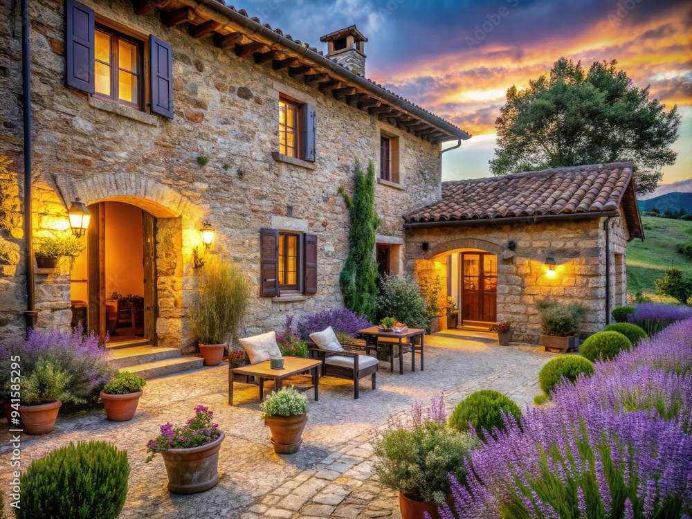 Fototapeta premium Charming Tuscan Farmhouse: Rustic, Cozy, Exposed Beams, Stone Walls, Lavender and Yellow