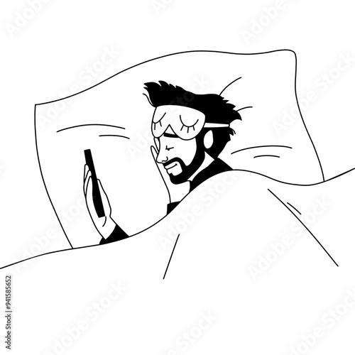 outline drawing of a young man sleeping in bed with a phone in his hand. Vector illustration