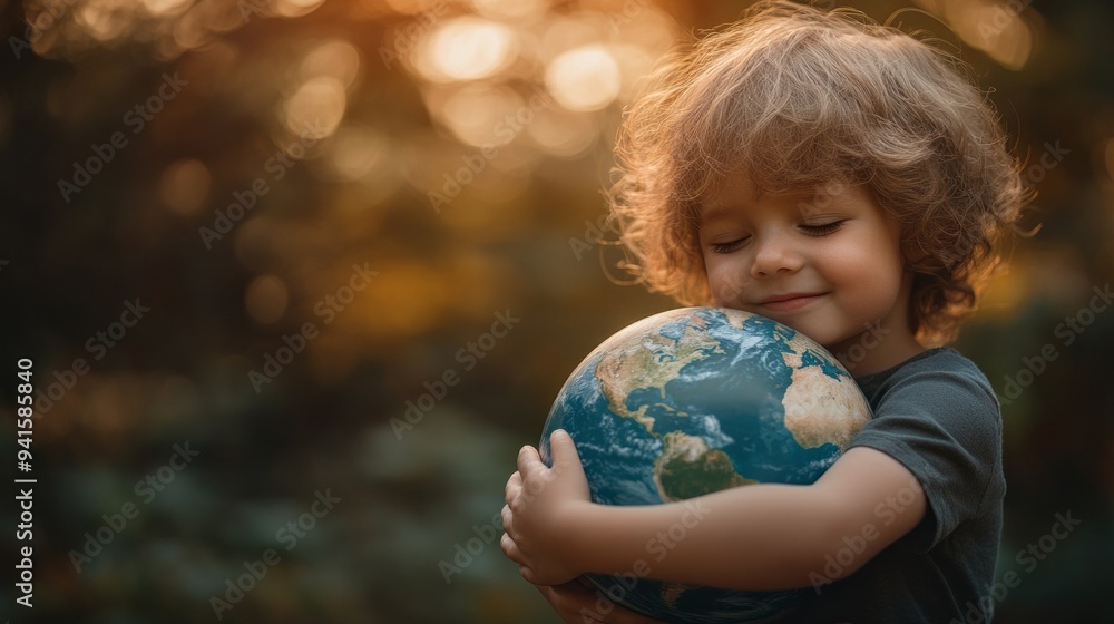 A young child is holding a globe in his arms A young child is holding a globe in his arms