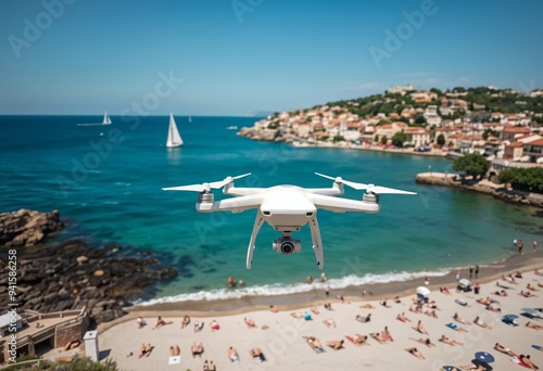 A drone flying over a beach