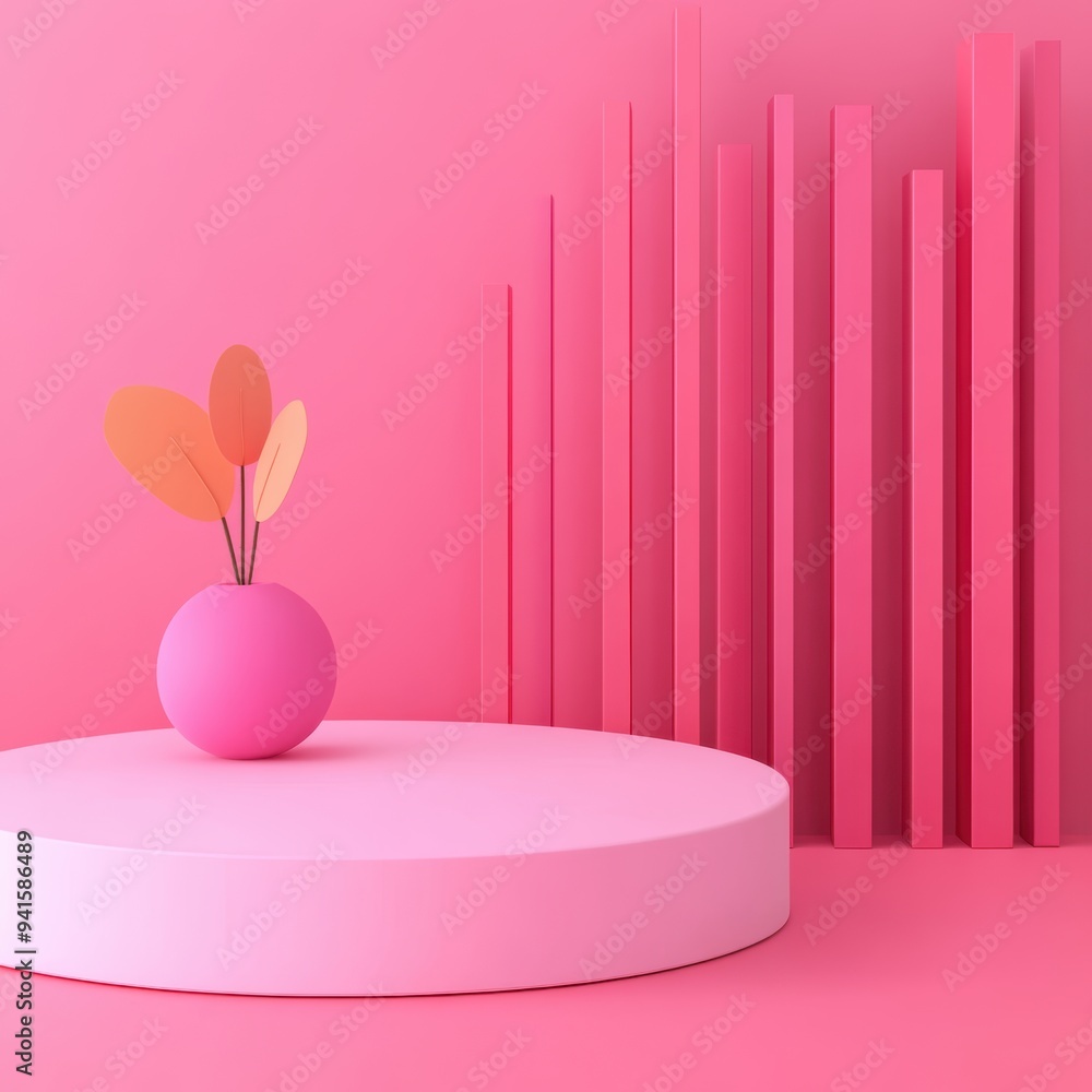 A stylish pink decorative scene featuring a round vase with colorful leaves on a soft circular pedestal, creating a modern ambiance. A stylish pink decorative scene featuring a round vase with colorful leaves on a soft circular pedestal, creating a modern ambiance.
