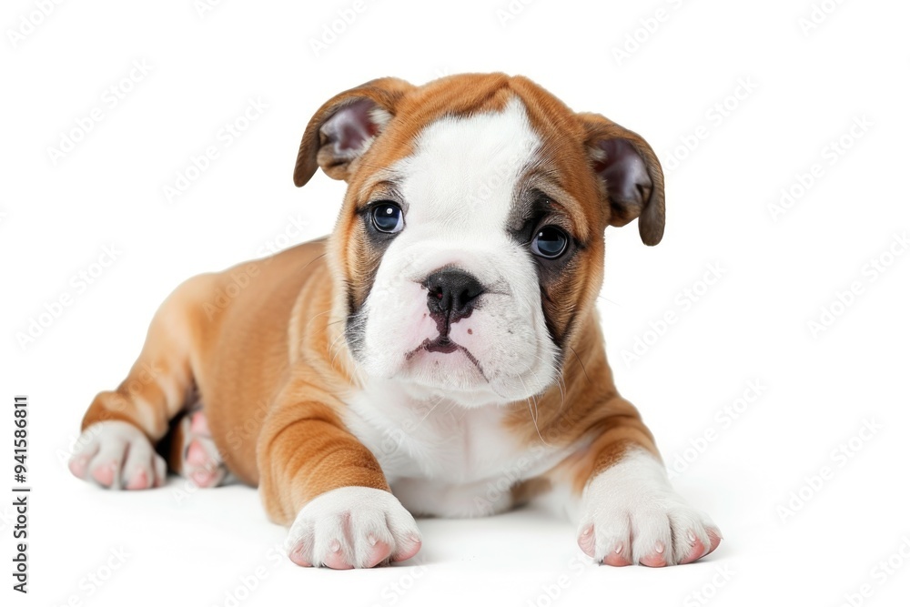 A brown and white puppy is lying down on a white surface, looking relaxed A brown and white puppy is lying down on a white surface, looking relaxed