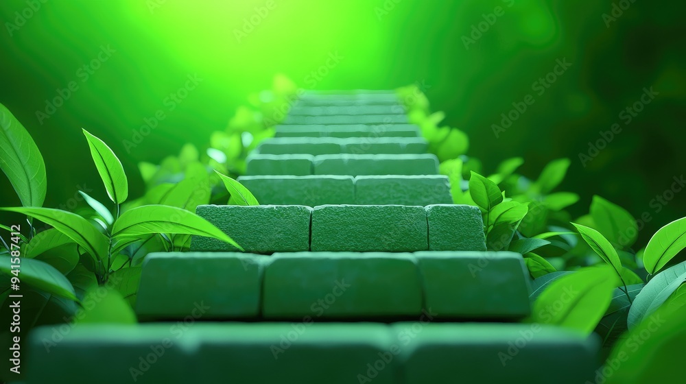 Obraz premium A winding staircase surrounded by vibrant greenery, symbolizing a journey through nature and serenity under a soft green light.