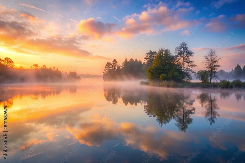 Beautiful sunrise over calm lake, sun reflecting on water, trees silhouetted against sky Beautiful sunrise over calm lake, sun reflecting on water, trees silhouetted against sky