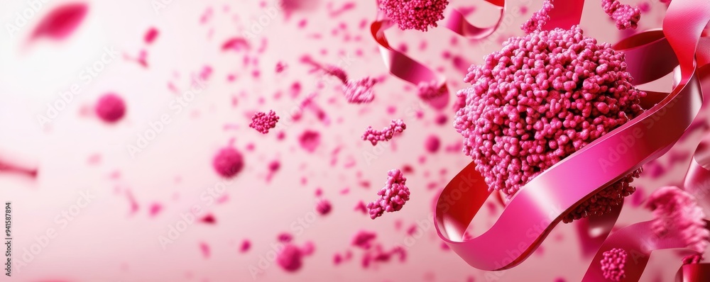 Obraz premium A vibrant composition of pink elements, featuring abstract shapes, ribbons, and particles, representing celebration and joy.