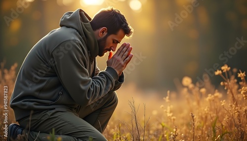 Man praying with his hands clasped, humble male person, guy kneeling down outdoors in nature