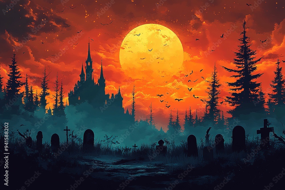 Scary Gothic castle on Halloween night, haunted palace or mansion for dark blue background. Spooky view of old mystery castle and bats in full moon. Horror scene with big gloomy house, fantasy place Scary Gothic castle on Halloween night, haunted palace or mansion for dark blue background. Spooky view of old mystery castle and bats in full moon. Horror scene with big gloomy house, fantasy place
