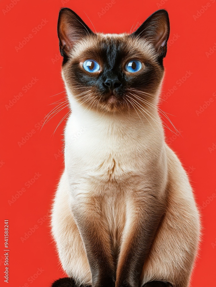 A close-up of a Siamese cat with striking blue eyes against a red background. A close-up of a Siamese cat with striking blue eyes against a red background.