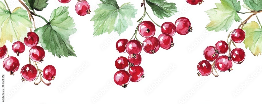 A vibrant illustration of red currants with lush green leaves, perfect for food themed projects or botanical designs. A vibrant illustration of red currants with lush green leaves, perfect for food themed projects or botanical designs.