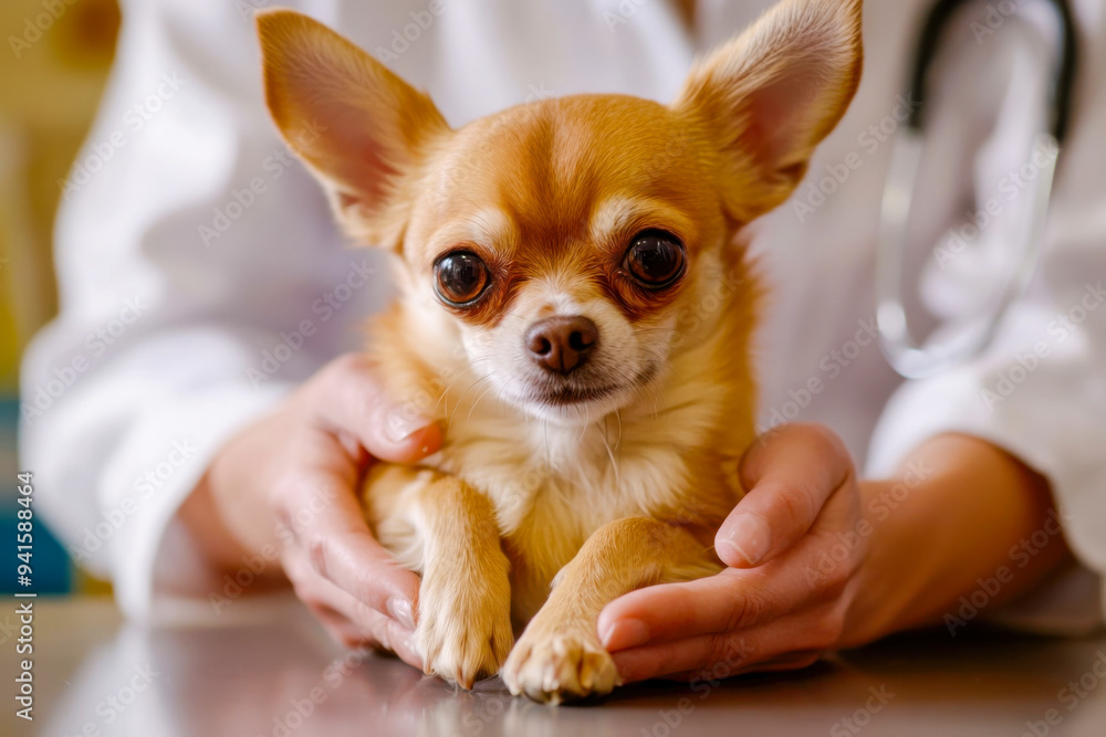 Small brown Chihuahua being examined by a veterinarian in a clinic at midday Small brown Chihuahua being examined by a veterinarian in a clinic at midday