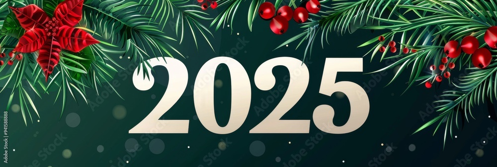 Embrace the upcoming year 2025 with a joyous holiday banner adorned with red decorations and evergreen branches, capturing the festive essence of New Year and Christmas celebrations Embrace the upcoming year 2025 with a joyous holiday banner adorned with red decorations and evergreen branches, capturing the festive essence of New Year and Christmas celebrations