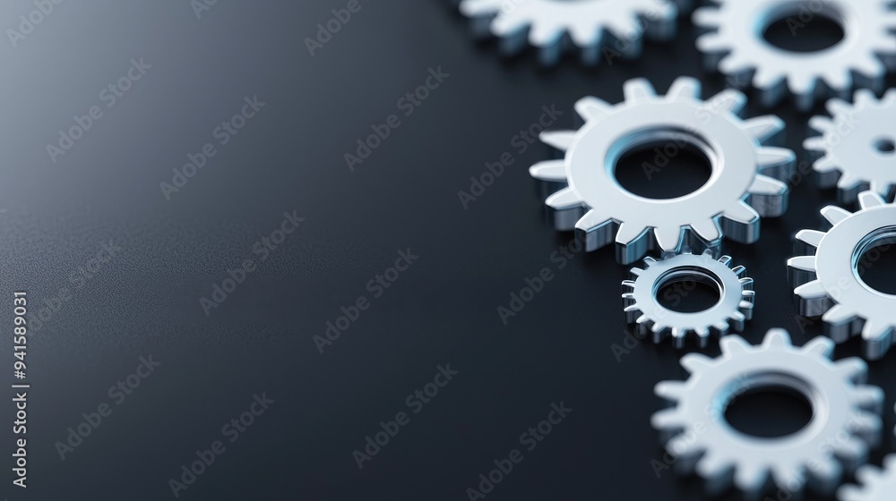 Close-up view of metallic gears on a dark surface, symbolizing engineering, mechanics, and innovation in manufacturing processes. Close-up view of metallic gears on a dark surface, symbolizing engineering, mechanics, and innovation in manufacturing processes.