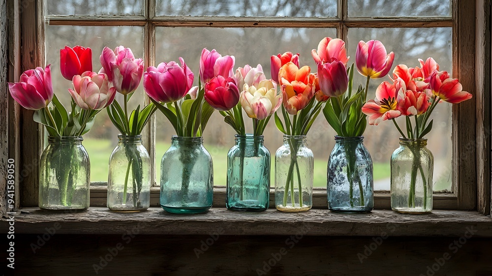 Colorful tulips in glass jars by a rustic window. Colorful tulips in glass jars by a rustic window.