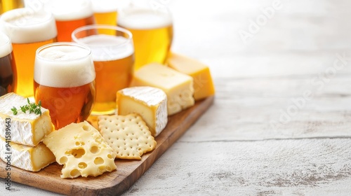 Delicious cheese and beer pairing on a wooden board, perfect for gatherings and culinary inspiration.