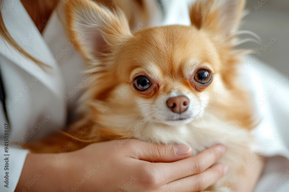 A person gently cradles a fluffy Chihuahua in their arms indoors during the day A person gently cradles a fluffy Chihuahua in their arms indoors during the day