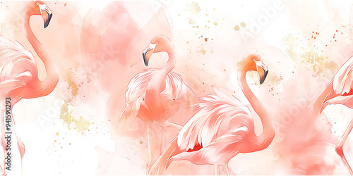 Luxurious minimalist background with watercolor flamingos, soft pink and gold accents
 photo