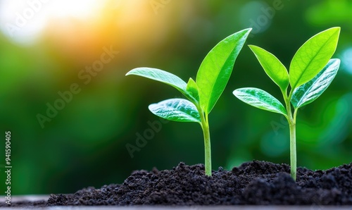 Fresh young seedlings sprouting from rich soil, symbolizing growth and new beginnings in a vibrant green environment.