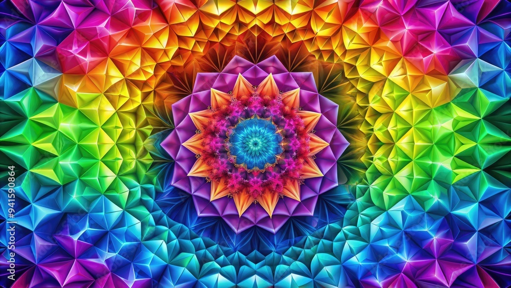 Chromatic Therapy: Rainbow hues, geometric shapes, color blending, kaleidoscopic effects, vibrant gradients Chromatic Therapy: Rainbow hues, geometric shapes, color blending, kaleidoscopic effects, vibrant gradients