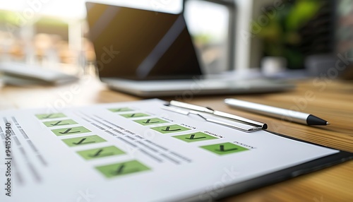 Printed Corporate Goals Report with Objectives Ticked Off and Green Check Marks