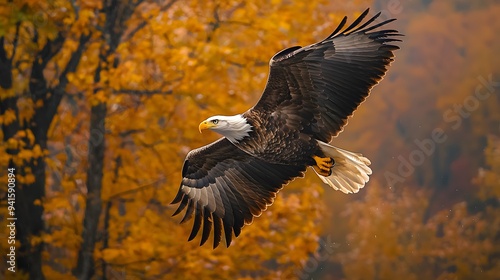 Wallpaper Mural A majestic bald eagle in flight against vibrant autumn foliage. Torontodigital.ca