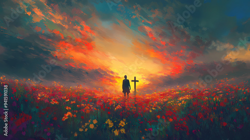 A surreal painting depicting a person's silhouette near a cross in a vibrant, flower-filled field under a fiery sunset. Surreal. Illustration photo