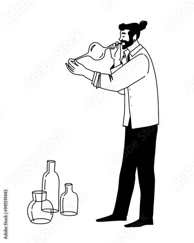 outline drawing, glassblower creating bottles, showcasing the profession. Vector illustration