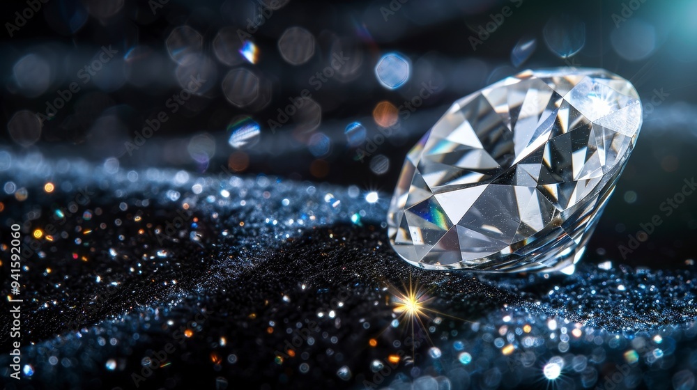 A sparkling diamond on a dark, glittery surface, highlighting its brilliance and elegance. A sparkling diamond on a dark, glittery surface, highlighting its brilliance and elegance.