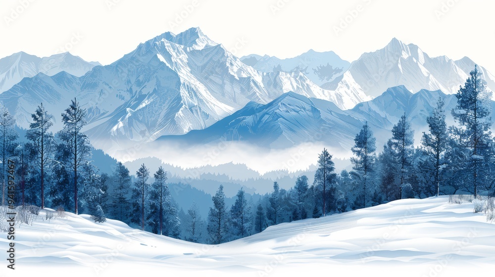 Stunning Winter Mountain Landscape with Snow-Covered Peaks and Pine Trees in the Foreground Stunning Winter Mountain Landscape with Snow-Covered Peaks and Pine Trees in the Foreground