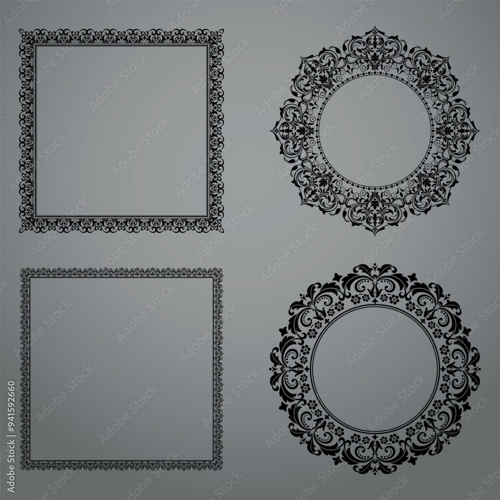 Set of decorative frames Elegant vector element for design in Eastern style, place for text. Floral black and gray borders. Lace illustration for invitations and greeting cards Set of decorative frames Elegant vector element for design in Eastern style, place for text. Floral black and gray borders. Lace illustration for invitations and greeting cards