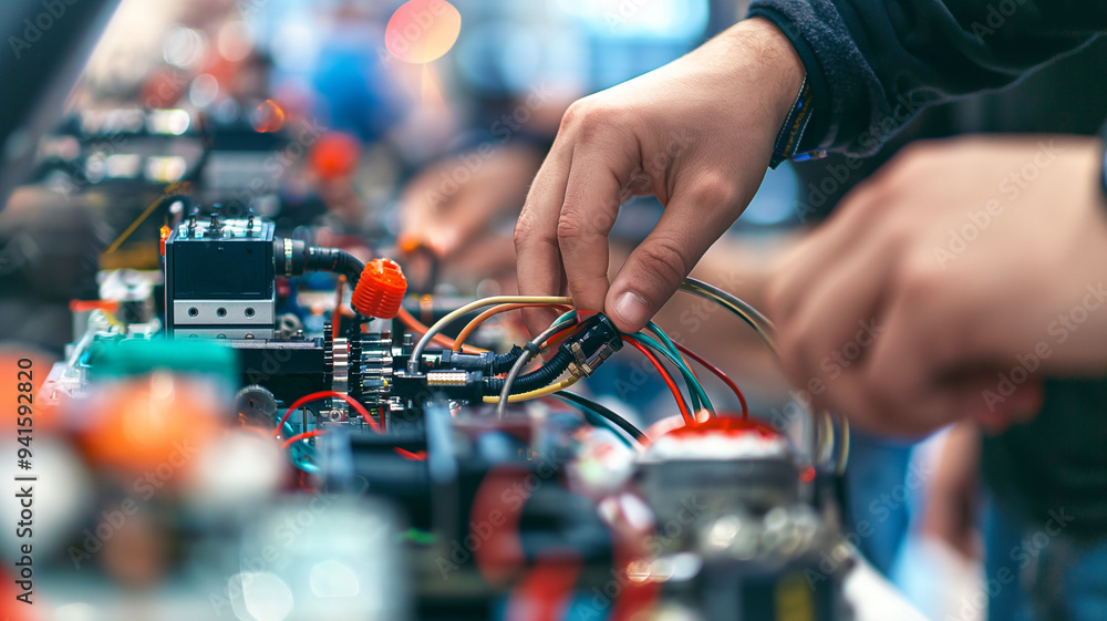 Hands fine-tuning robot wiring, with blurred competitors in the background
Hands fine-tuning robot wiring, with blurred competitors in the background