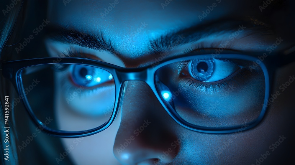 Close-up of a thoughtful young woman with glasses, illuminated by blue light. Close-up of a thoughtful young woman with glasses, illuminated by blue light.