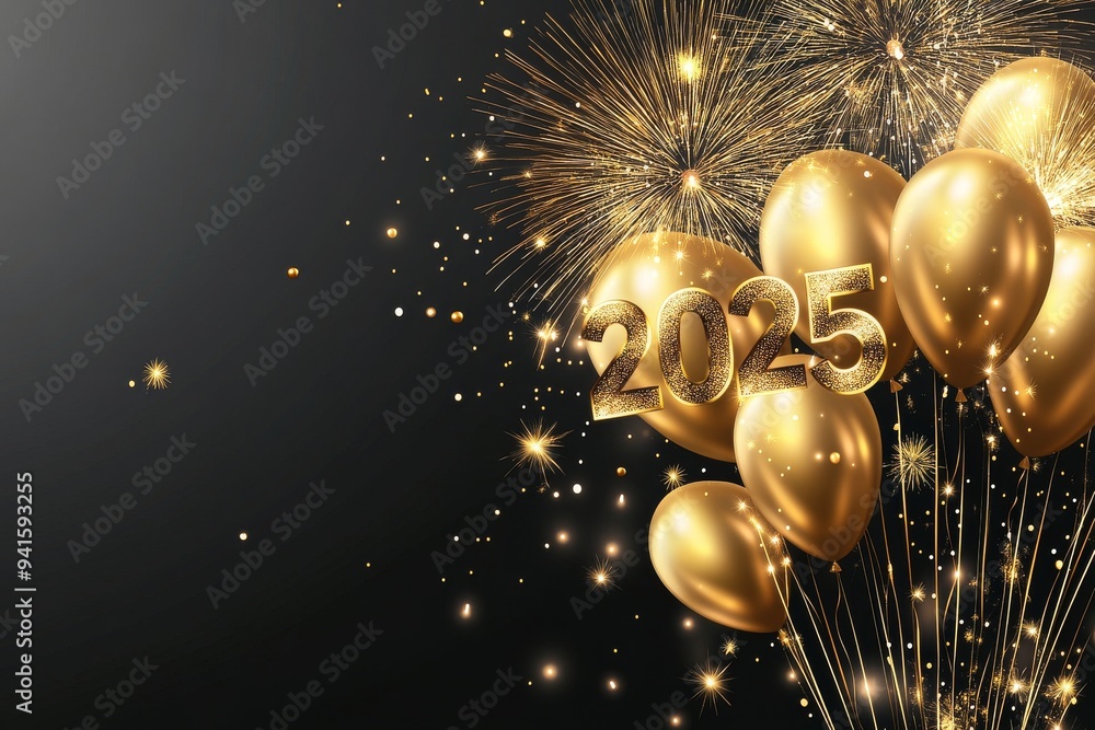Obraz premium Gold foil balloons with confetti on a black background saying Happy New Year 2025. This is a festive banner or poster for New Year's Eve parties.